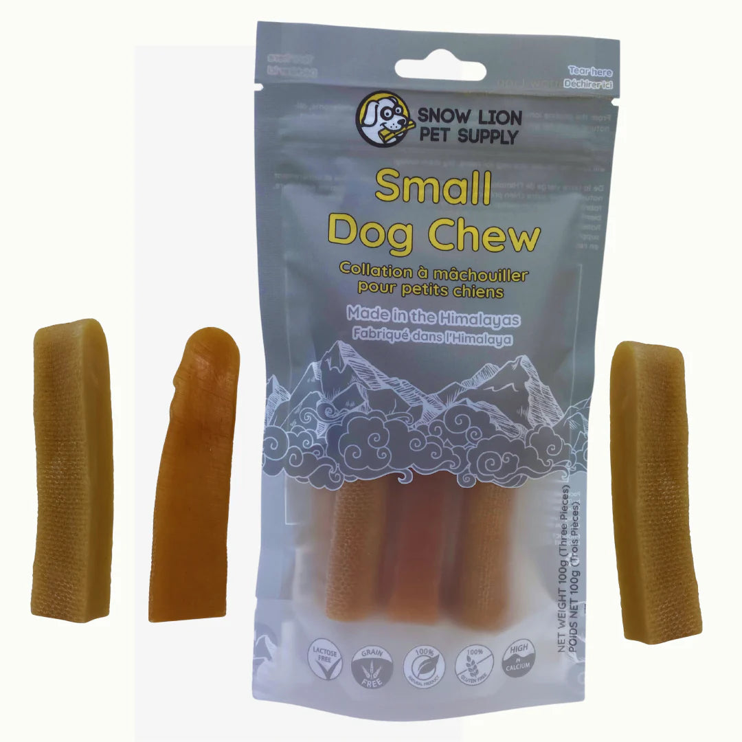 Pouch of the dog chews, with some displayed outside of the bag.